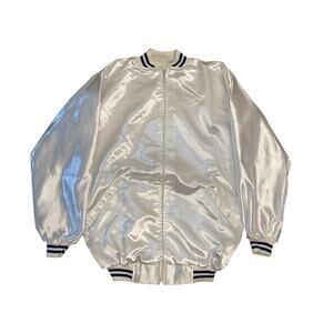 Vintage Satin bomber Jacket shiny pearl white with elastic white and blue cuffs